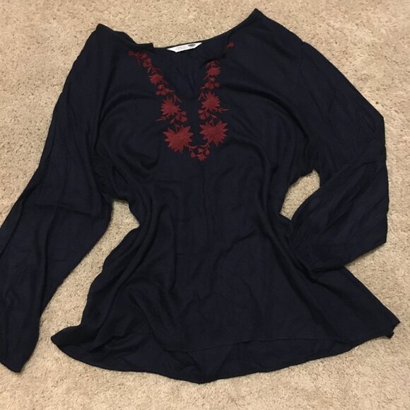 Dark Navy Blue Red Embroidered Peasant Sleeve Bohemian Tunic Shirt - Picture 10 of 15